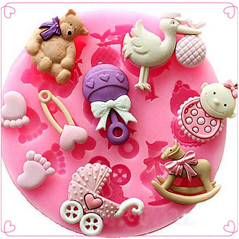 

3D Bear Silicone Molds Cake Decorating Tool Baby Carriage Wooden Horse Fondant Mold Candy Pastry Biscuit Chocolate Baking Moulds