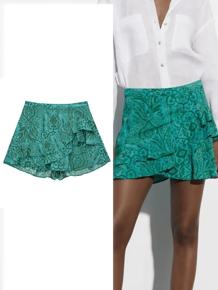 

RDMQ 2023 Summer New Skirts Women Layered Ornamental Culottes Printed Asymmetrical Casual Street Outwear