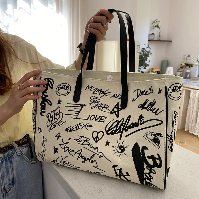 

Printed Large Capacity Tote Bags For Women 2023 College School Book Handbags Big White Crossbody Bag Graffiti Weekend Travel Bag