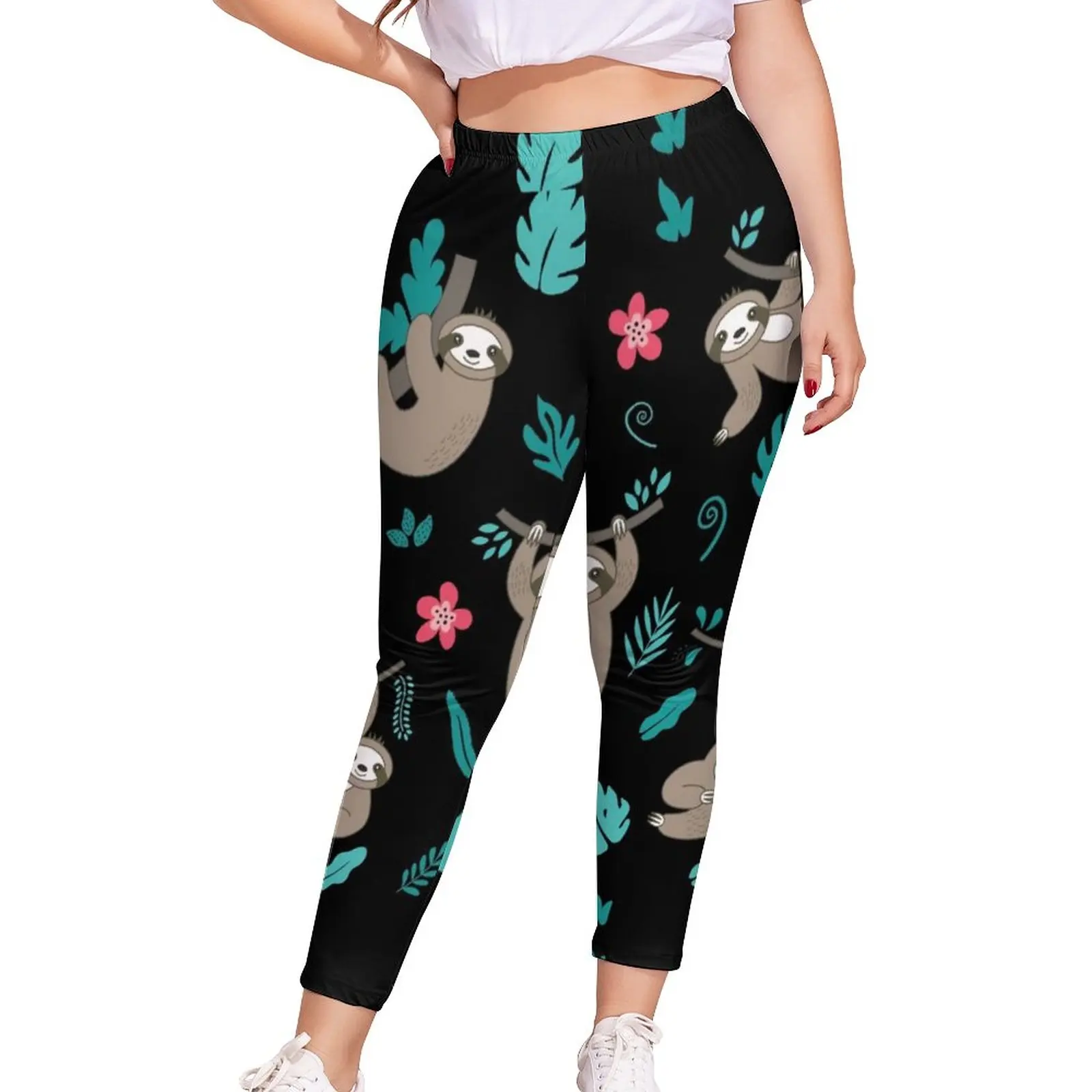 Lazy Sloths Leggings Flower Leaves Print High Waist Wholesale Legging Elegant Fitness Women Pants