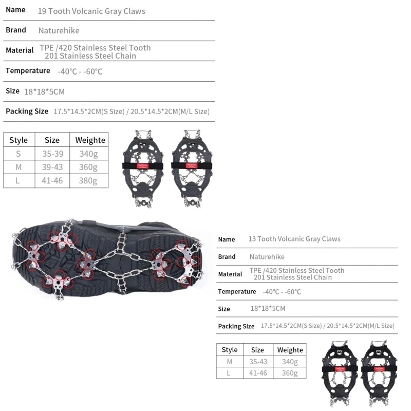 Naturehike Outdoor 13/19 Tooth Crampons Non-Slip Shoe Cover Stainless Steel Spike Chain Snow Claw Winter Climbing Accessories