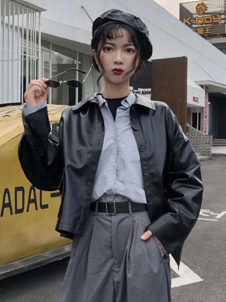 Куртки в стиле ретро женские черные из искусственной кожи весенние корейском