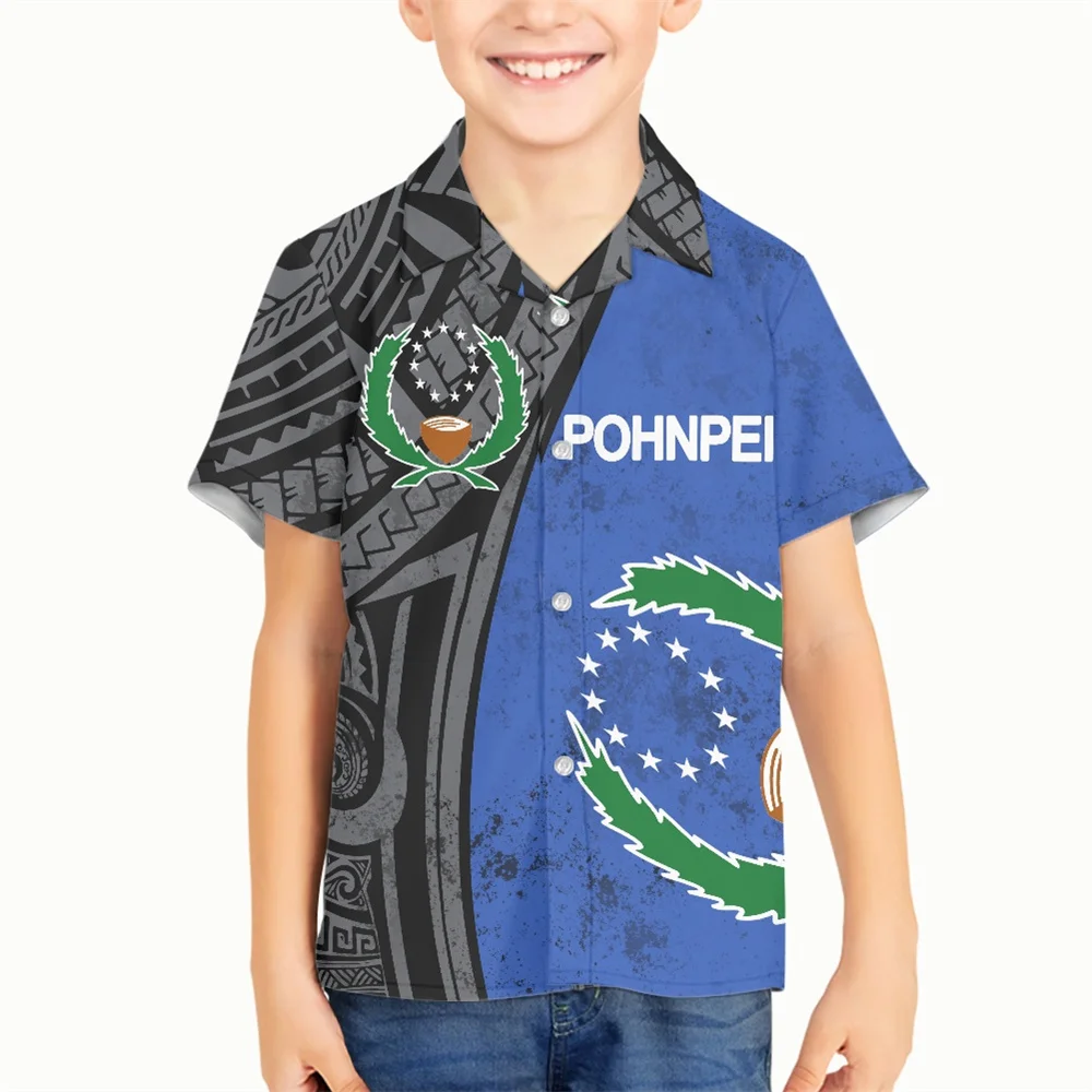 

New Fashion Boys T Shirts For Kids Polynesian Tribal Clothing Pohnpei Logo Grey and Blue Print Custom Young Children Boys Shirts
