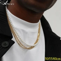 1pcs 505560cm long imitation pearl necklace for men 6810mm beads 2022 new men figaro gold plated stainless steel necklace