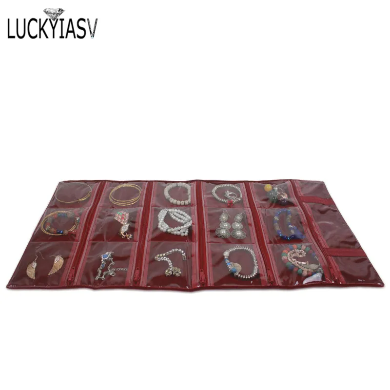 Travel Jewelry Case Roll Bag Organizer for Necklace Bracelet Earrings Ring 15/31/40/56 Zipped Grids with PVC Cover Burgundy