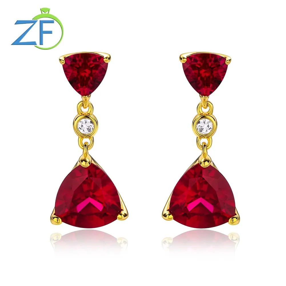 

GZ ZONGFA Genuine 925 Sterling Silve Funnel Drop Earrings for Women Triangle Created Ruby 7.7ct Gem 14K Gold Plated Fine Jewelry