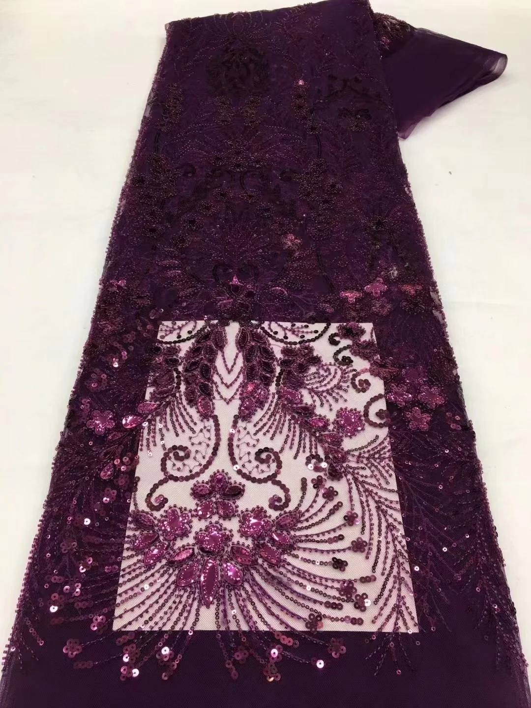 

Purple African Handmade Beads Laces Fabrics Luxury Nigerian Sequins Embroider Mesh Lace Fabric for Party Dress