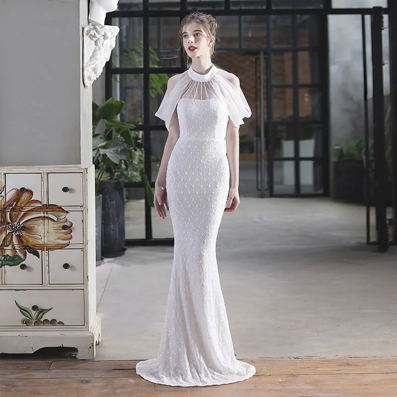DongCMY Vestido Fiesta Mujer Elegante Boda Lujo из бисера и сетки с длинной лямкой на шее рыбий хвост