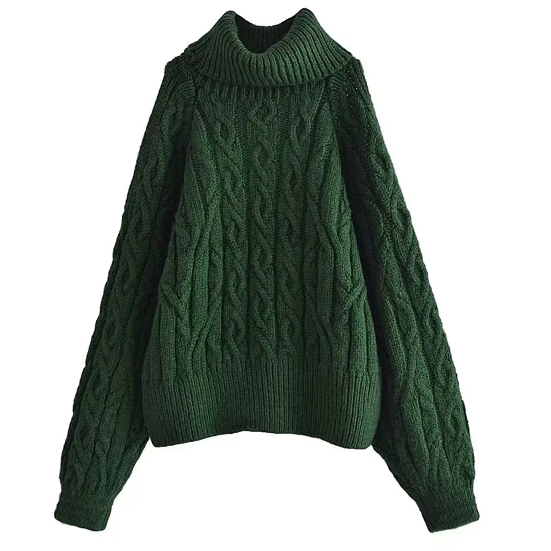 Dave&Di  Hollow Out In Shoulder Loose Sweaters Women Pullovers England Fashion Vintage Turtleneck Dark Green Sweaters