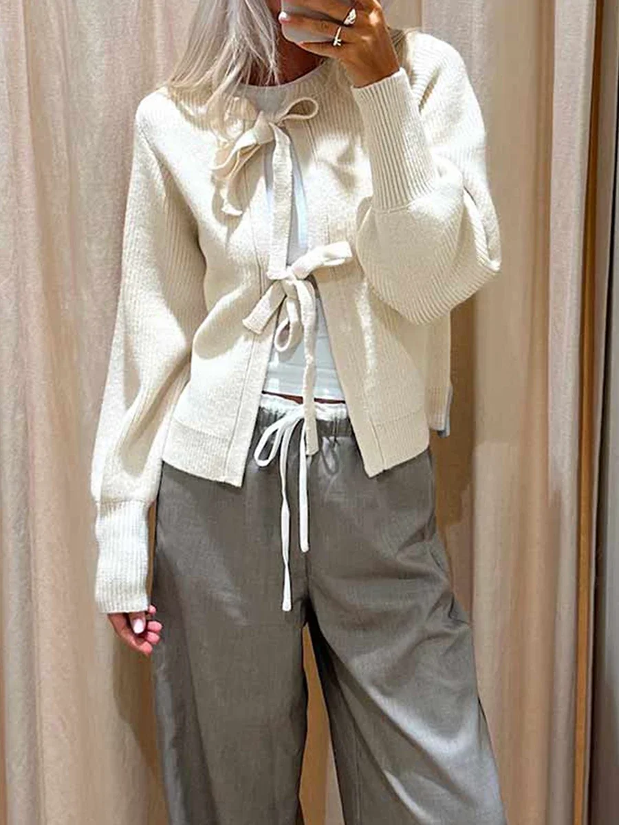 Женский вязаный кардиган Y2k с длинным рукавом и круглым вырезом