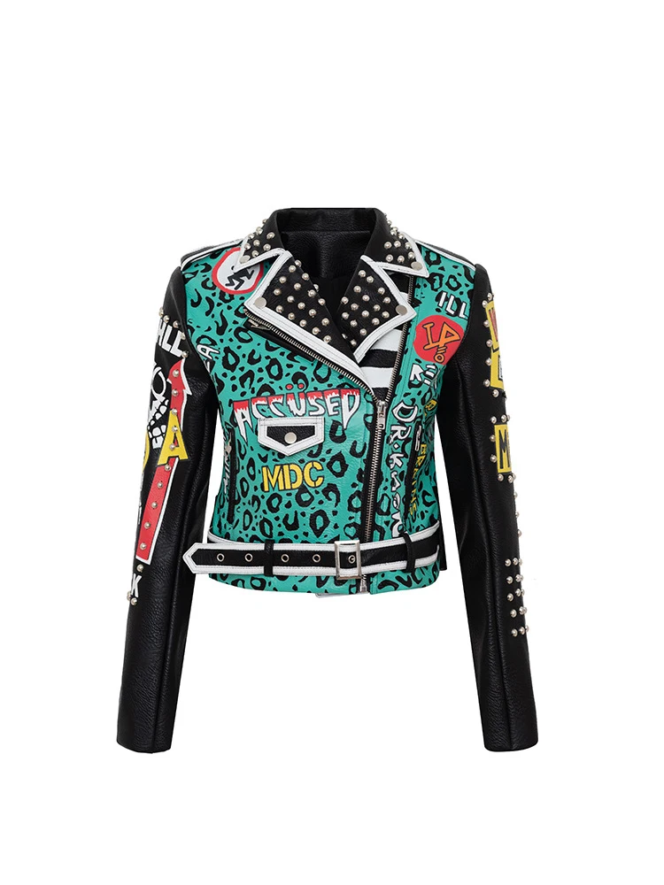 Cropped Motorcycle Leather Jacket Women 2023 Trend Streetwear Punk Contrast Color Graffiti Print Faux Leather Studded Jackets