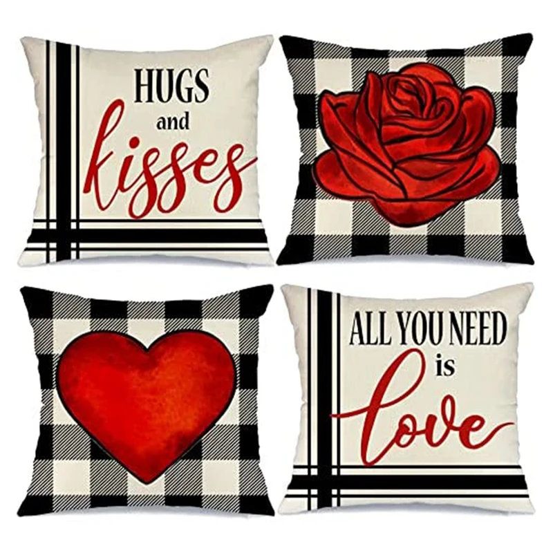 

4Pcs Valentines Day Pillow Covers Valentines Day Decor for Home Buffalo Plaid Love Heart Roses Valentine Pillows