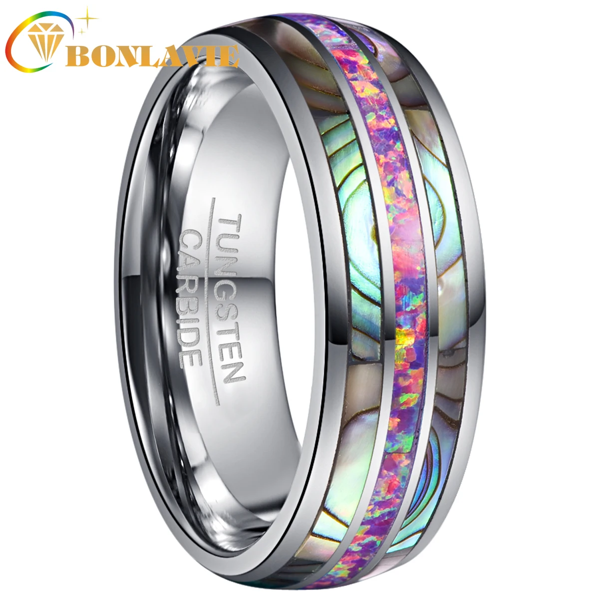 

BONLAVIE 8mm Tungsten Carbide Ring Dome Inlaid Acacia Purple Opal Ring For Women Mens Silver Color Finger Ring