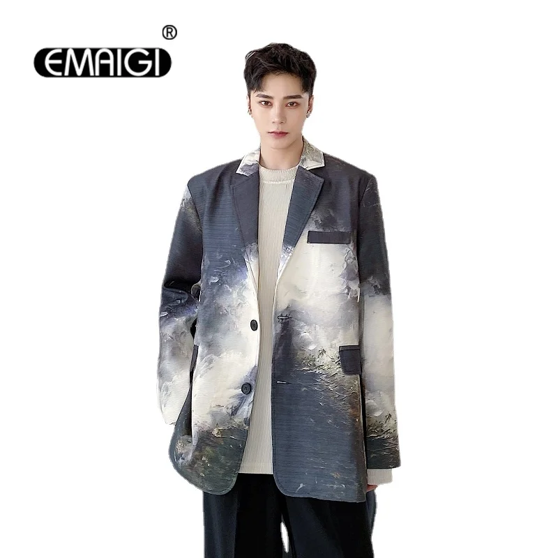 

Men Vintage Pattern Loose Casual Oversize Blazers Jacket Male Japan Korean Streetwear Suit Coat Outerwear Blazers for Man