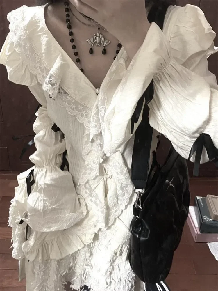 Винтажные белые рубашки с V-образным вырезом и кружевом женская летняя
