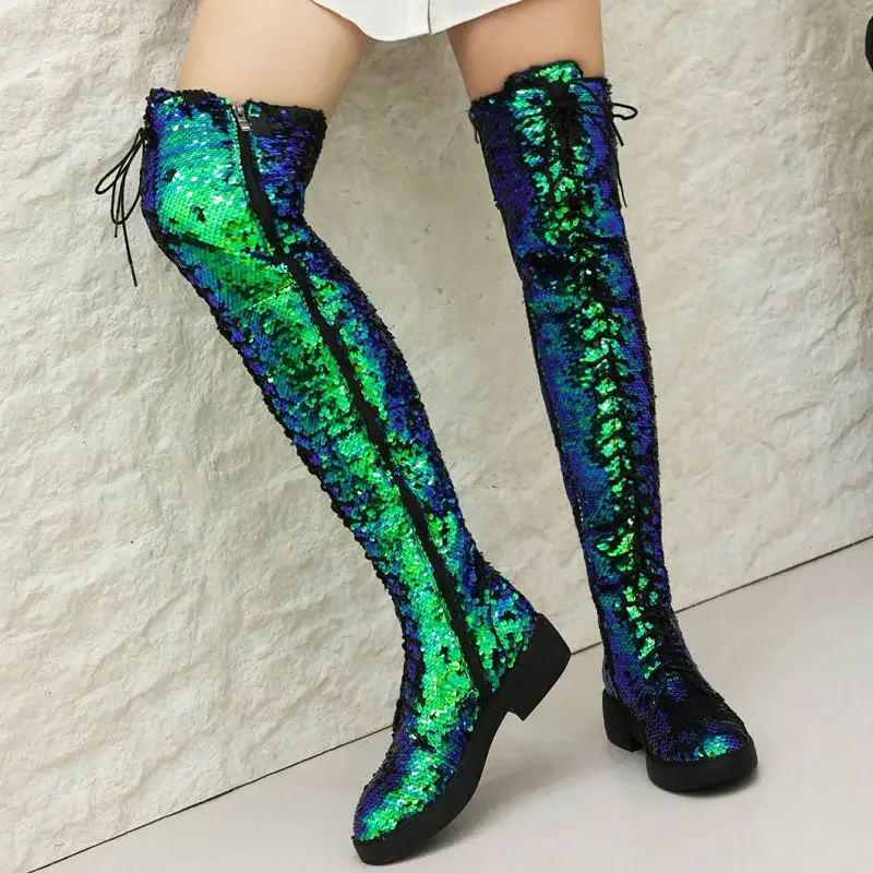 

Sexy Lace-up Green Gold Sequins Glitter Bling Shiny Women Winter Warm Shoes Chunky Med Heels Over-the-knee High Boots Overknees