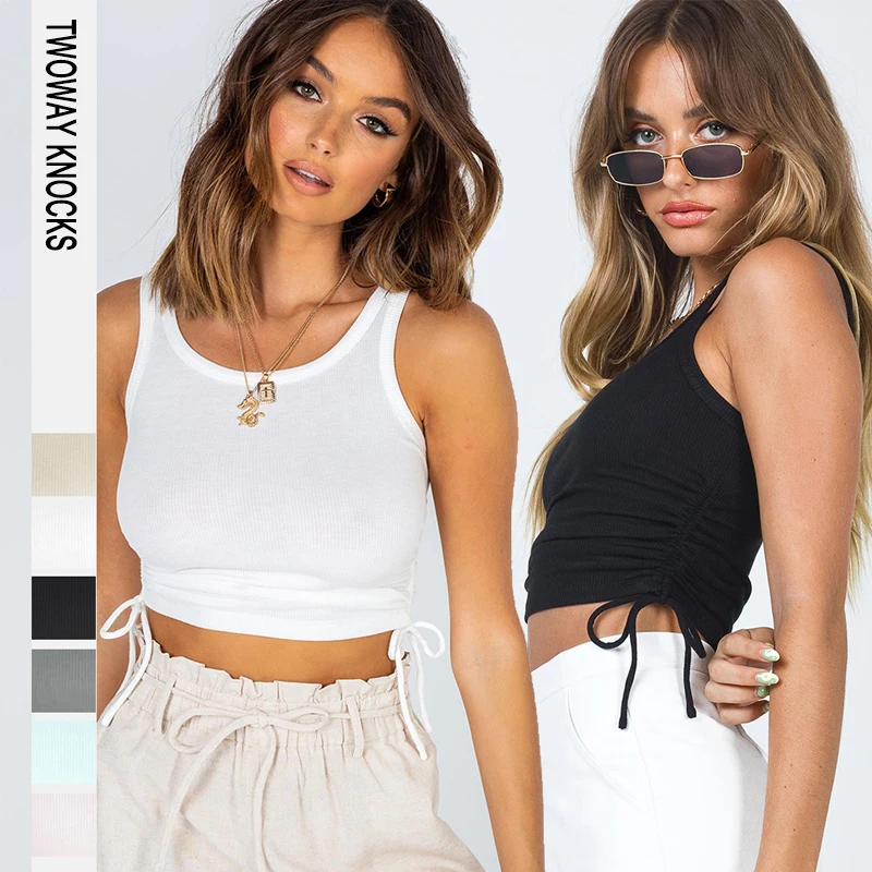 

Женские сексуальные однотонные майки в стиле Харадзюку, трикотажный женский эластичный жилет с открытыми плечами и рюшами, регулируемая длина