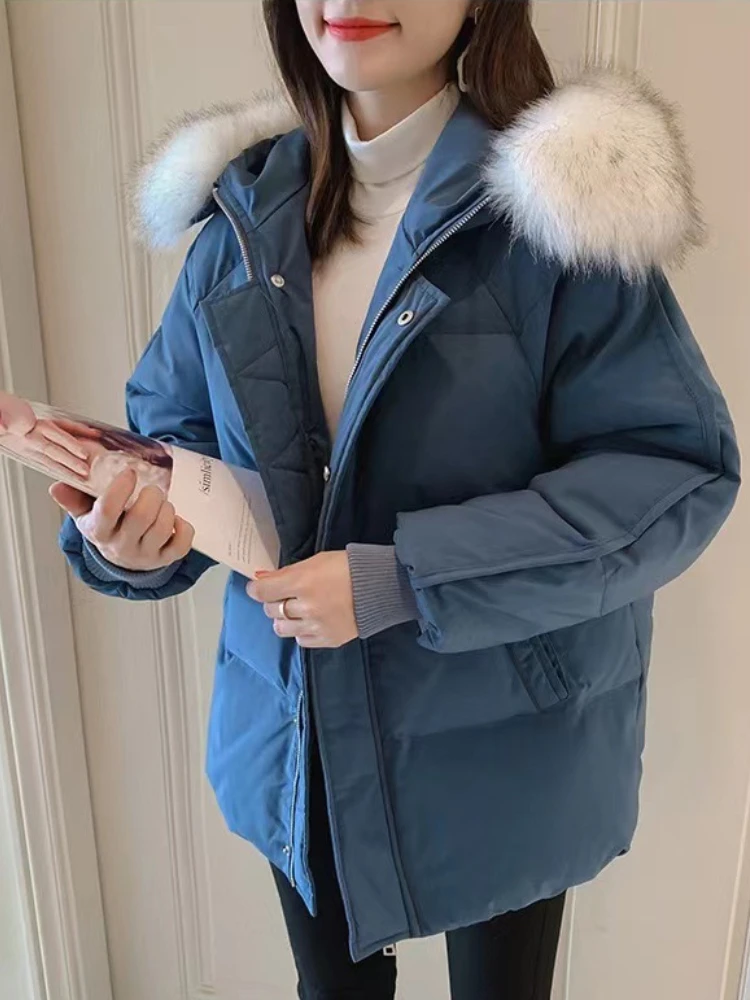 

Women's Jacket Korean Style New Loose Cotton-padded Jacket Thickened Warm Jacket Fashion Faux Fur Collar Hooded Winter Coat