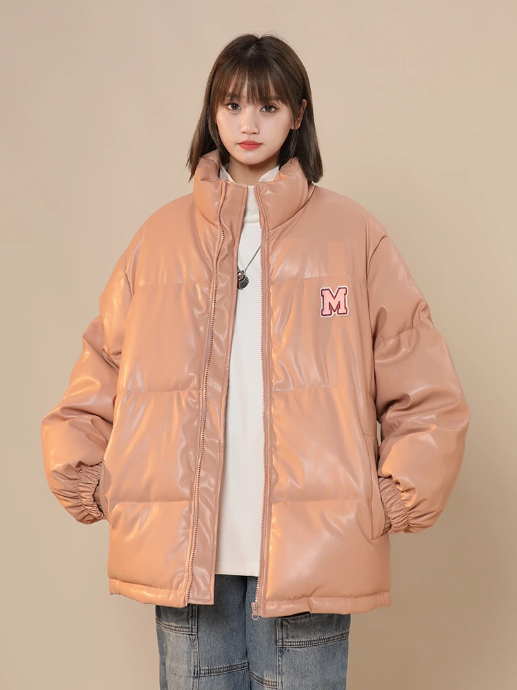 

Зимние теплые плотные пальто из искусственной кожи, женские парки, Модная хлопковая стеганая куртка с аппликацией букв, элегантная одежда на молнии