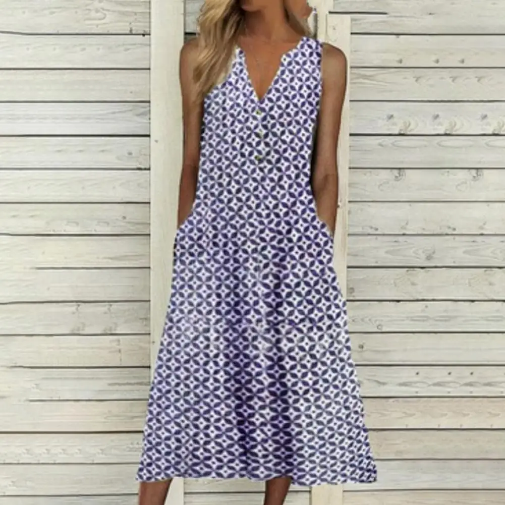

V-Neck Side Pockets Large Hem Summer Dress Geometry Pattern Print Women Midi Dress Stylish Mid-calf A-Line Vest Dress for Dating