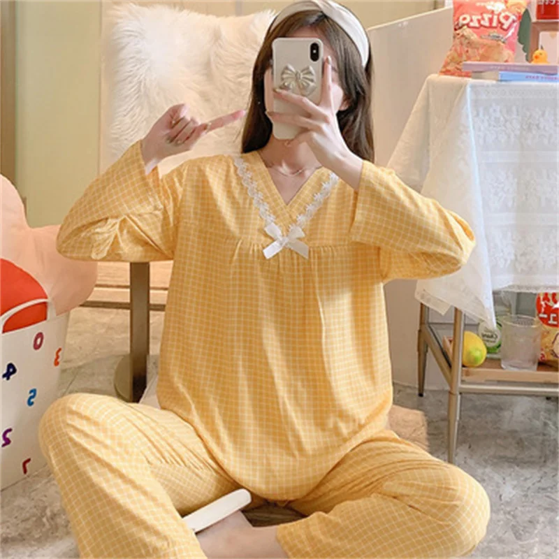 Princess Pajamas Set Sexy Sleepwear For Women Pink Elastic Pyjama Women's Cotton Fashion Dot Homewear Clothes Big Size