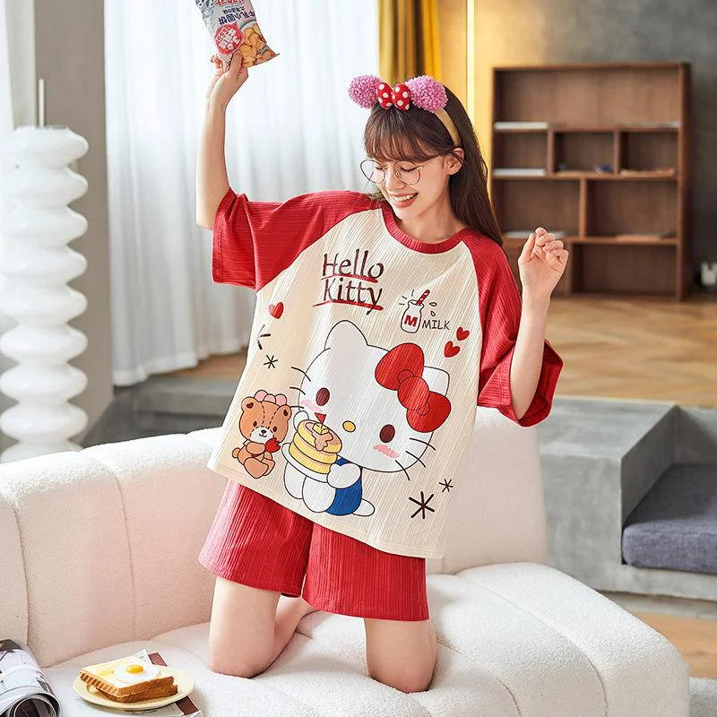 

Kawaii Hello Kitty, футболка, пижама, летняя новая милая и милая мультяшная Повседневная Женская свободная повседневная одежда с коротким рукавом