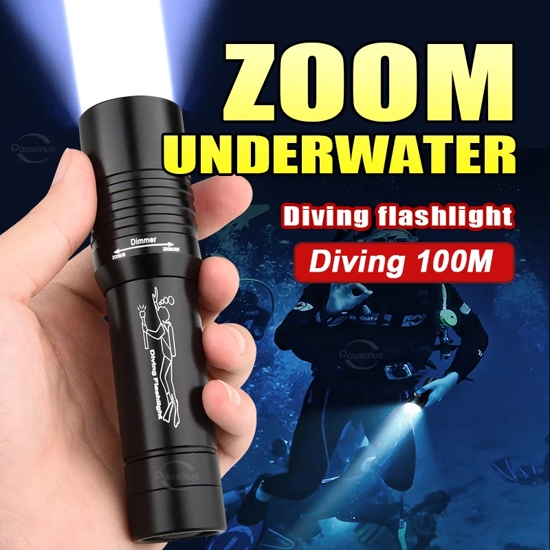 

Powerful Professional Diving Flashlight T6 Wick High Power Rechargeable Led Underwater Hand Lantern Telescopic Zoom Diving Torch
