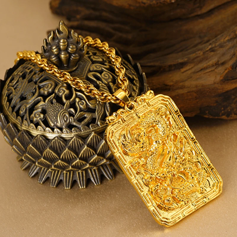

Real Gold Color Dragon Pendant Chain for Men Father Men's Necklace Pendants Charm 999 Gold Color Jewelry Wedding Party Gifts