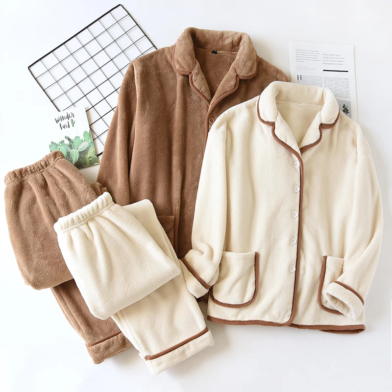 

New Couple Home Suit Winter Flannel Plus Velvet Pajamas Set Thickened Coral Fleece Homewear Thermal Warm Male Women's Sleepwear
