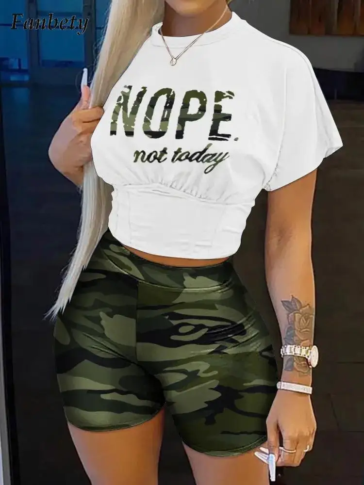 

Women Fashion O Neck Print T-Shirt+Skinny Sport Shorts Outfits Summer Casual Tracksuit Two Piece Set Lady Short Sleeve Top Suit
