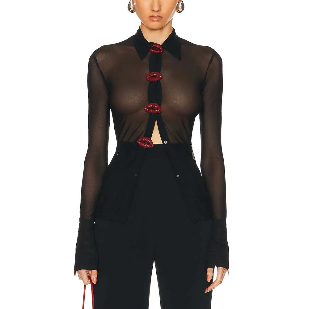 

Women's T-shirt 2023 Autumn And Winter New Y2k Heavy Beading Red Lips Styling Sexy See-through Lapel Long Sleeve Shirt Top