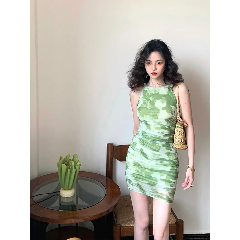 

French Retro Blooming Pleated Mesh Dress Green Sleeveless Printed Dress Short Skirt for Women