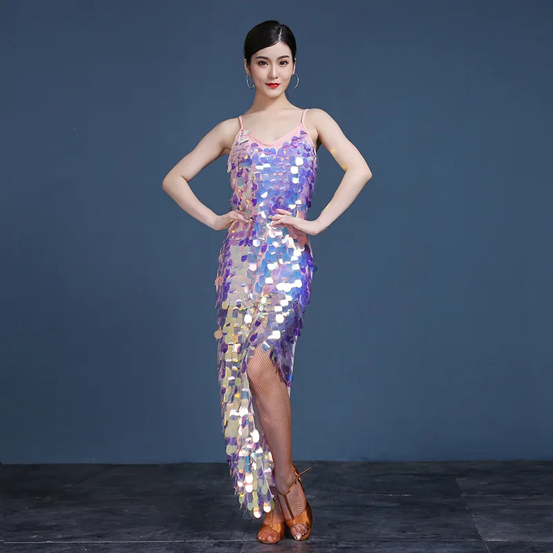 

1pcs/lot Latin Dance sequin Dress Costumes Latin Dancing Shinning Women sexy latin dancing long patchwork dress pink and black