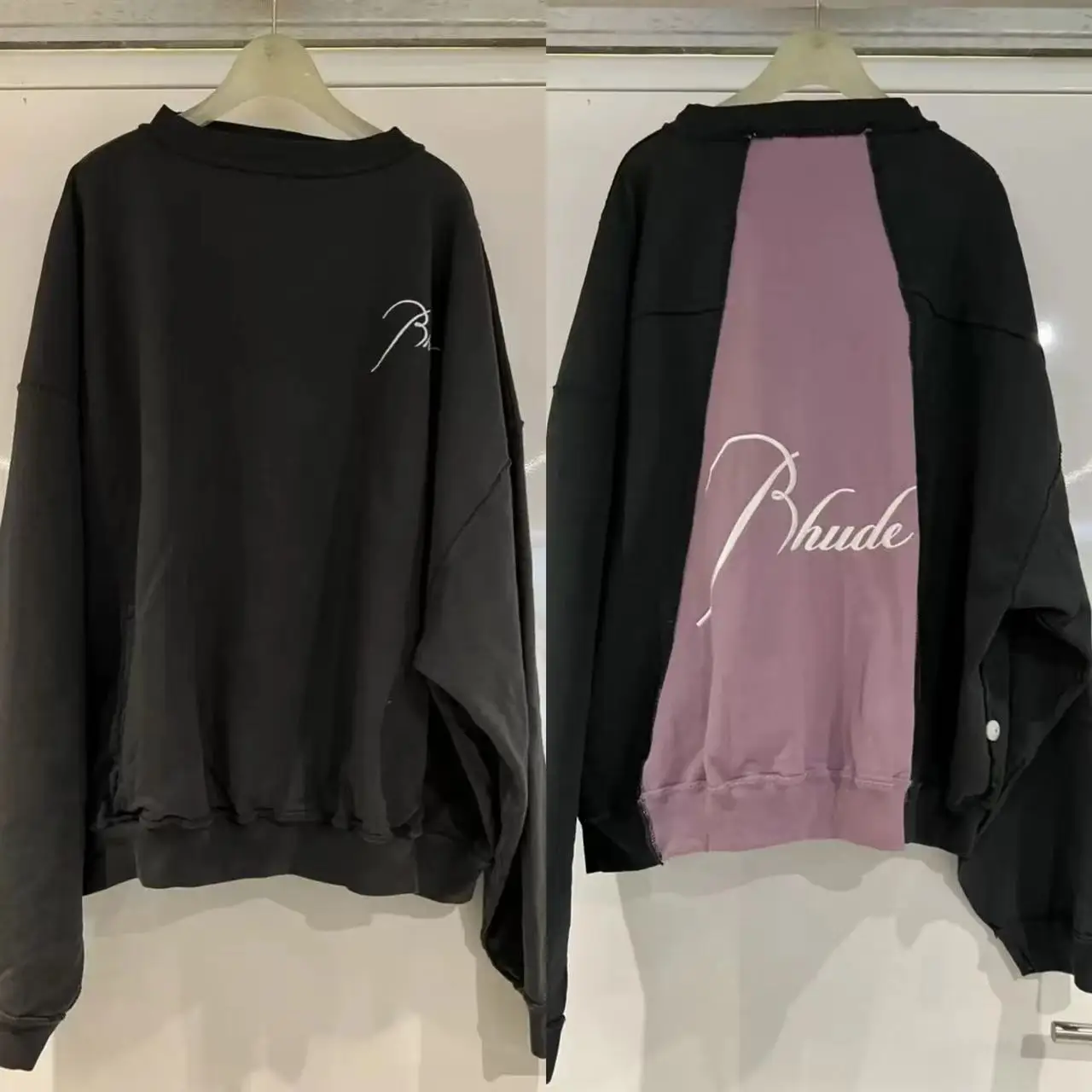 

RHUDE Cut Colorblock Paneled Logo Embroidery Lettering Vintage Crew Neck High Street oversize Pullover Sweatshirt
