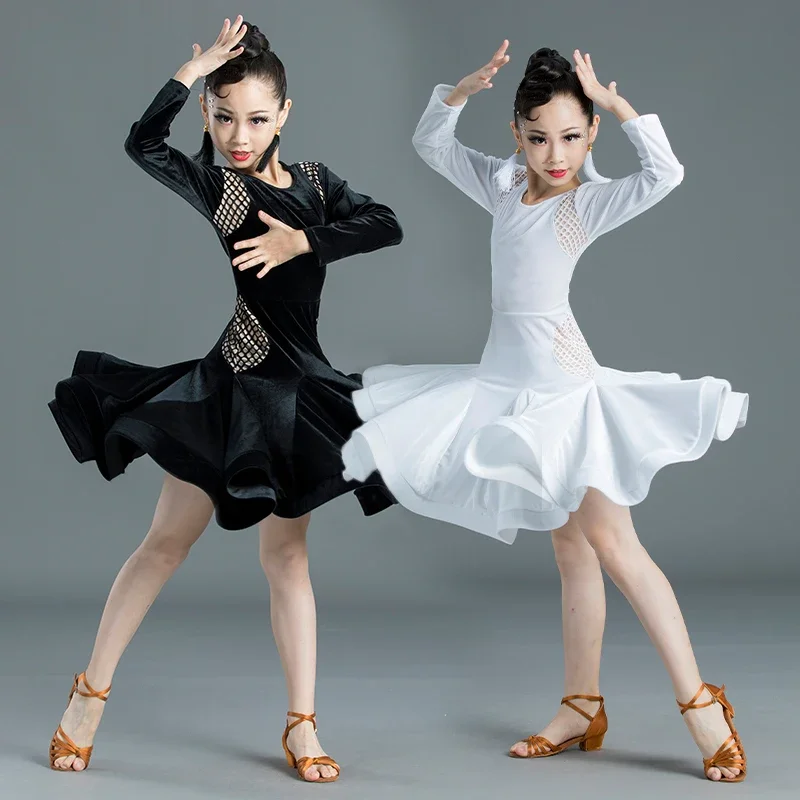 

Детская Юбка для латиноамериканских танцев, женская черная одежда для профессиональных соревнований, тренировочная одежда с длинными рукавами, Высококачественная футболка для девочек