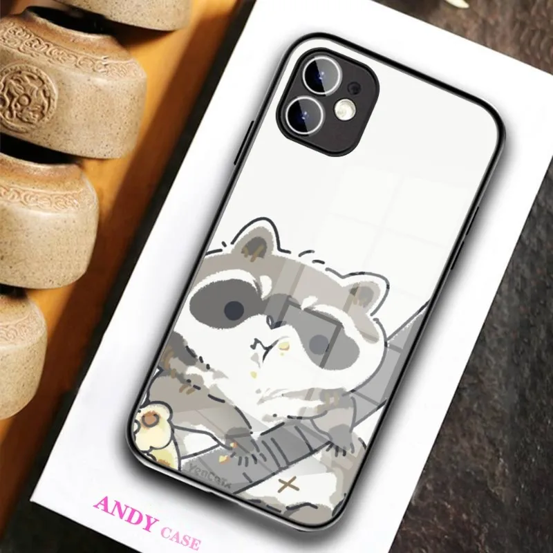 Cute Cartoon Animal Raccoon Phone Case Glass for IPhone 11 12 13 14 Pro XR XS MAX 8 X 7 14 Plus SE 13 Pro Design Iphone Covers