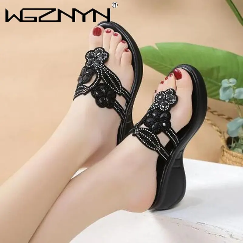 

Summer Casual Crystal Floral Wedge Slides Women 2023 Fashion Hollow Out Platform Sandals Woman Comfortable Slippers Womens Shoes