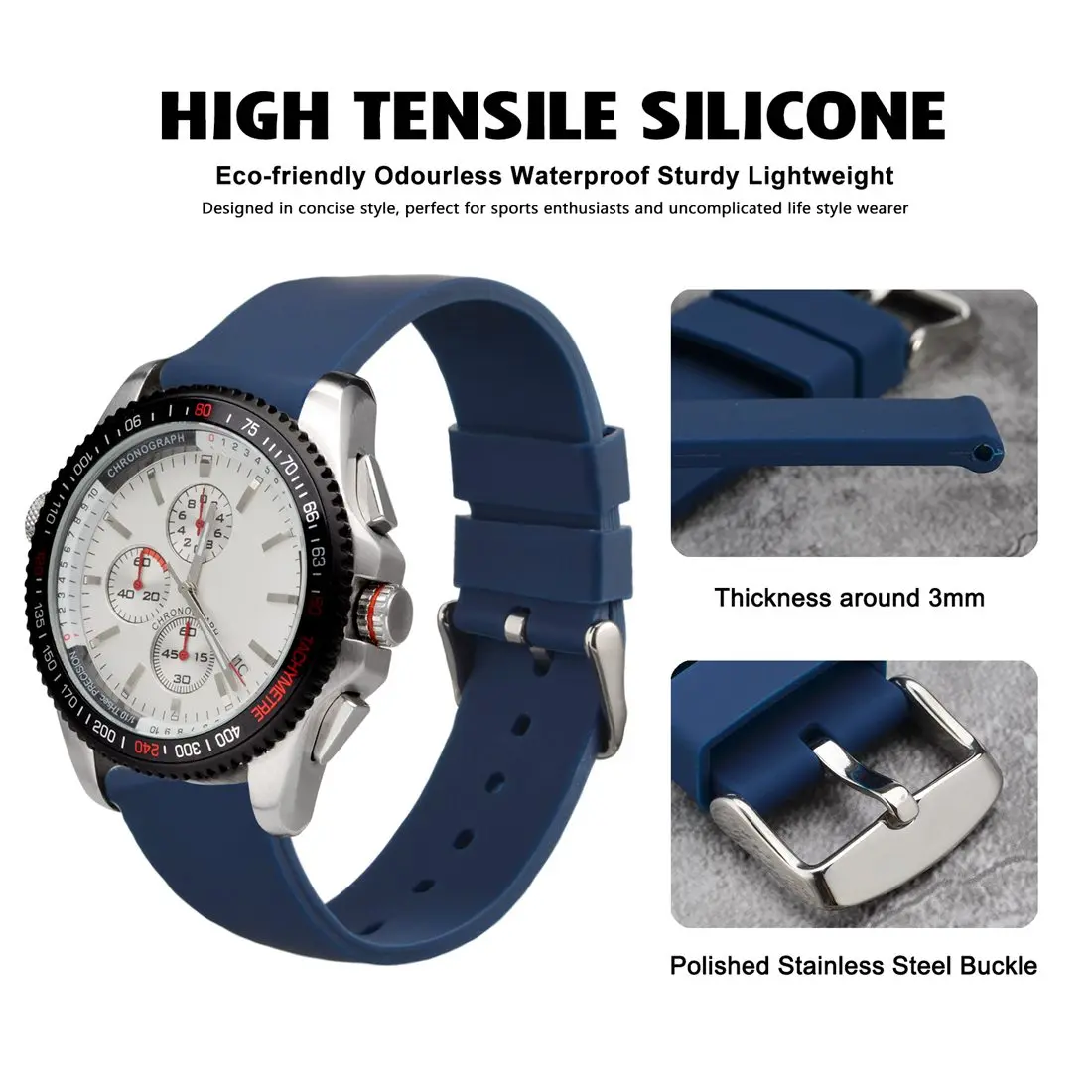 WOCCI Sport Rubber Silicone Watchband 16mm 18mm 20mm 22mm 24mm Black Blue Watch Band Sweat Proof Watch Strap Fit for Summer