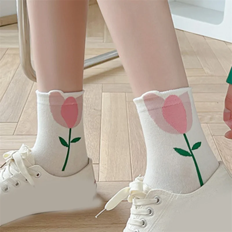 

1 Pair Women Socks Japanese Korean Style Cartoon Flower Candy Color Harajuku Kawaii Mid Tube Socks Breathable Casual Short Socks