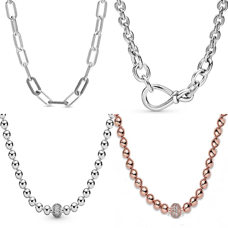 

Real Me Link Snake Chain Chunky Infinity Knot Rose Beads Sliding 925 Sterling Silver Necklace For Fashion Bead Charm DIY Jewelry