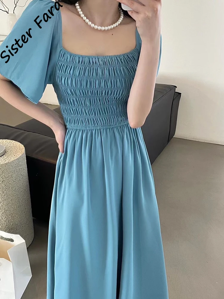 

Sister Fara Slash Neck Folds Elegant Dresses for Women's Summer High Waist Short Sleeve Slim Dress Female Off Shoulder Mid Dress