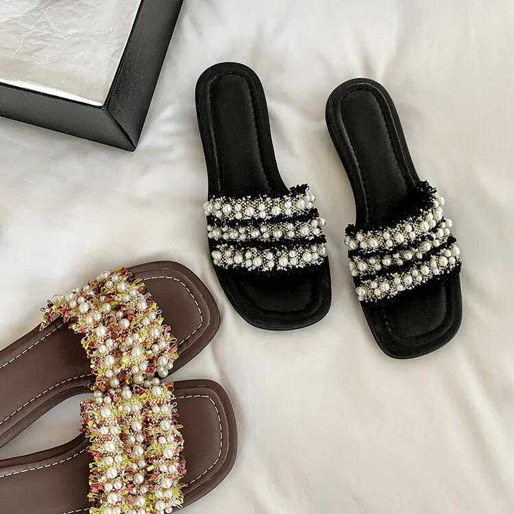 

2023New Women Flats Slippers Colorful Cloth Strap Beach Summer Shoes Pearl Chains Casual Slides Black Chaussure Femmes Sandalias