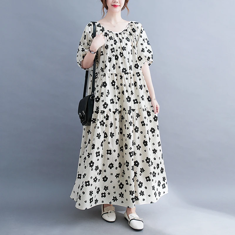 

SuperAen Plus Size 2022 Summer Loose Printing Slimming Short Sleeve O-Neck A-LINE Casual Dress for Women