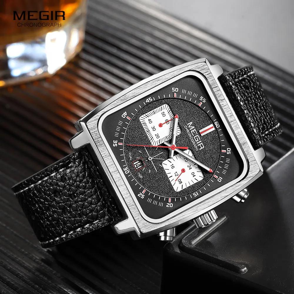 MEGIR Casual Quartz Watches for Men Leather Strap Waterproof Luminous Chronograph Wristwatch with Date 24-hour Indicator Silver