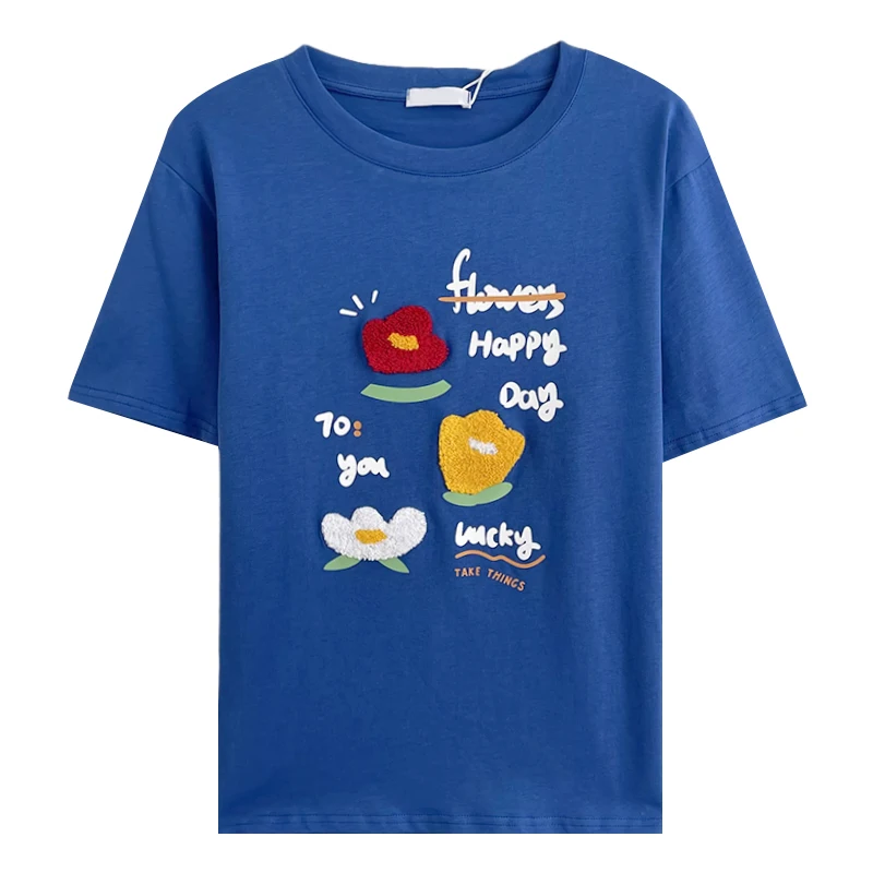 

Cute three-dimensional flower embroidery all-match loose casual T-shirt