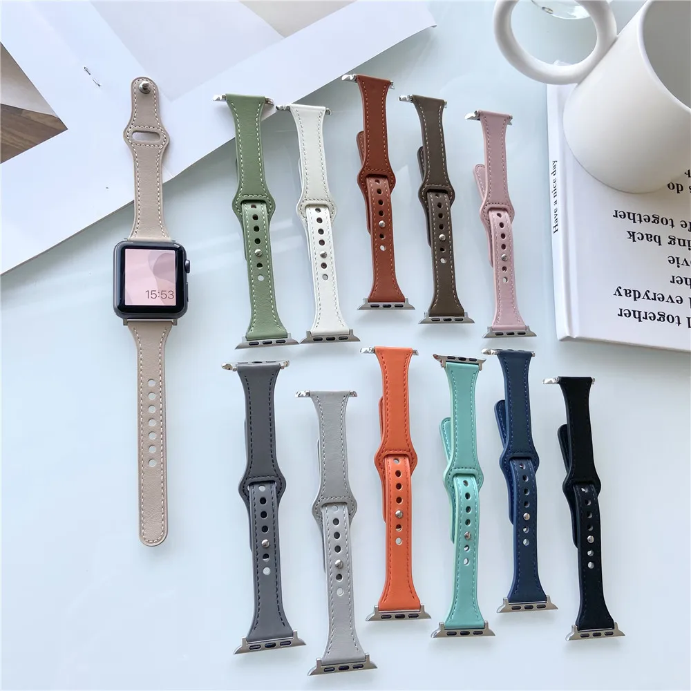 Кожаный ремешок для Apple watch band 40 мм 44 45 41 38 42 тонкий браслет часов iWatch series 7 6 5 3 8 ultra 49