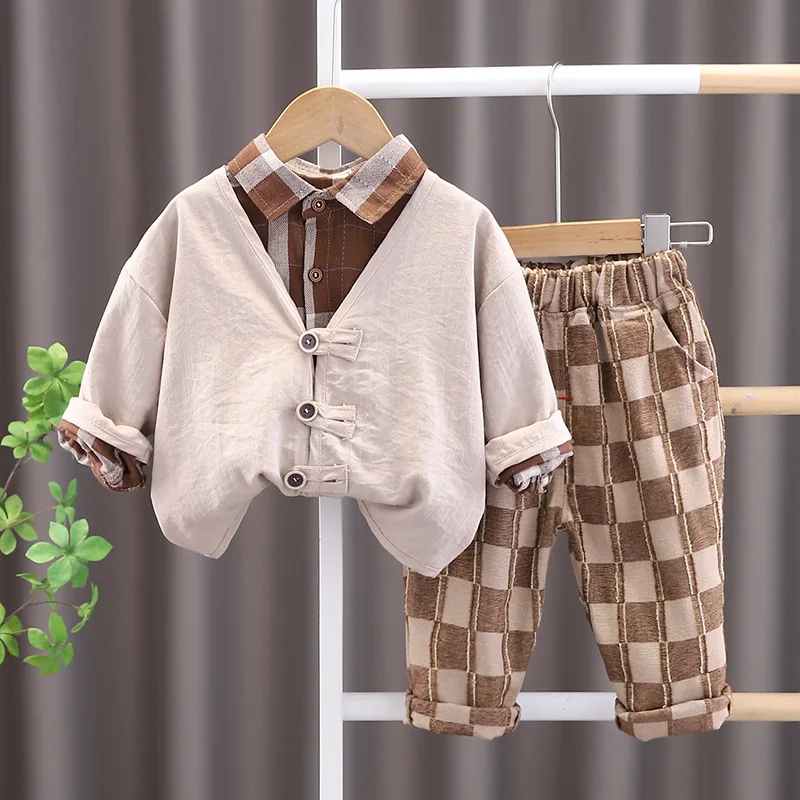 

Комплект весенней детской одежды, корейский стиль, клетчатая рубашка с длинным рукавом + кардиган + штаны, 3 предмета, детский дизайнерский комплект одежды для мальчиков