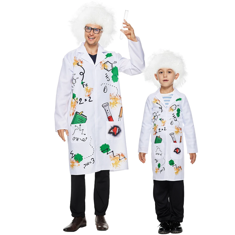 Family Halloween Costume Mad Scientist Costume With Wig White Unisex Lab Uniform Carnival Party Purim Stage Performance Props