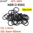 Уплотнительное кольцо NBR, 50 шт., толщина CS 1,5 мм, OD 5-80 мм, Нитриловый бутадиен, резиновый прокладка, маслостойкая шайба круглой формы, Черная