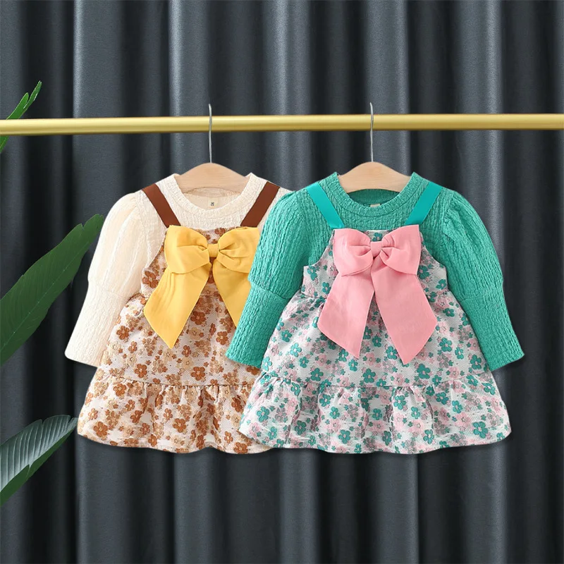 

Осеннее платье с оборками для маленьких девочек, праздничные Детские платья с длинным рукавом, круглым вырезом, бантом и цветочным принтом ...